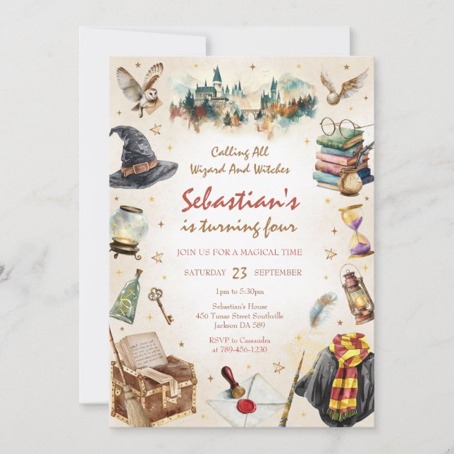 Convite Wizard Witches Magical School Wizardry Birthday (Frente)