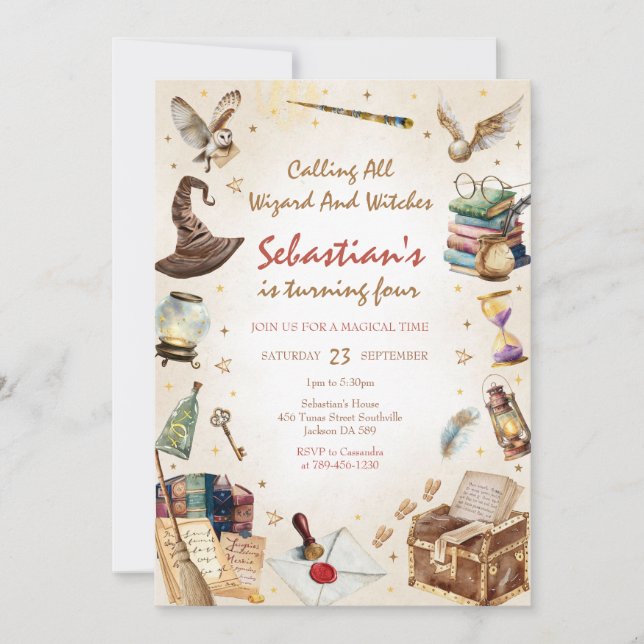 Convite Wizard Witches Magical School Wizardry Birthday (Frente)