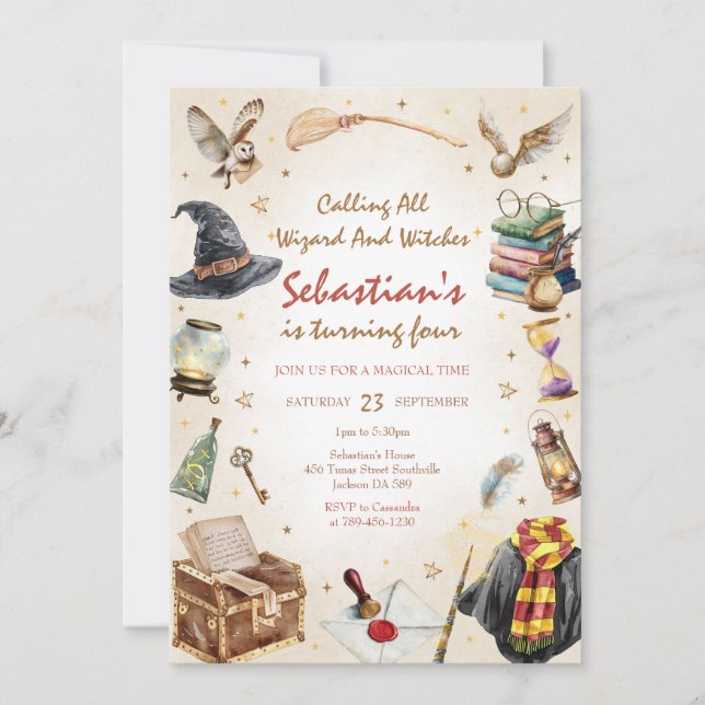 Convite Wizard Witches Magical School Wizardry Birthday (Frente)