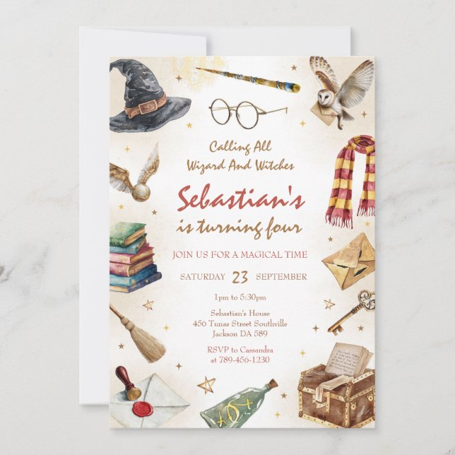 Convite Wizard Witches Magical School Wizardry Birthday (Frente)