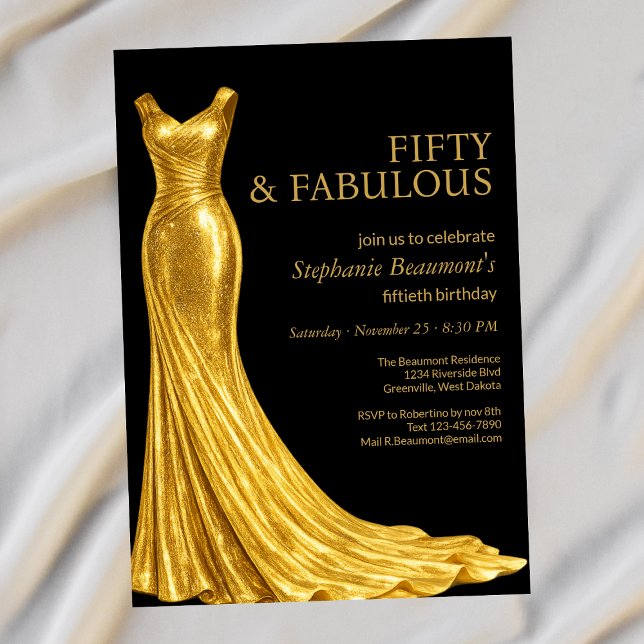 Convite Woman Elegant Fabulous Golden Dress 50th Birthday (Criador carregado)