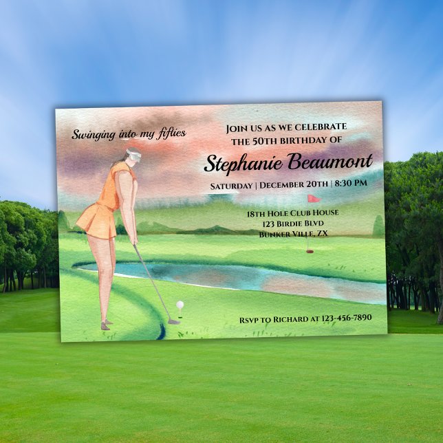Convite Woman Golf Player Swinging Fifties 50th Birthday (Criador carregado)