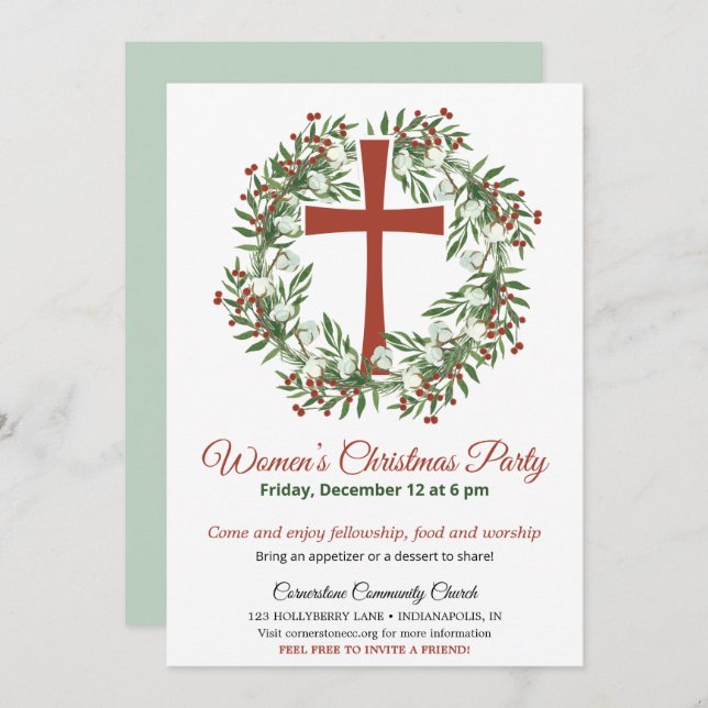 Convite Women's Church Christmas Party Wreath (Frente/Verso)