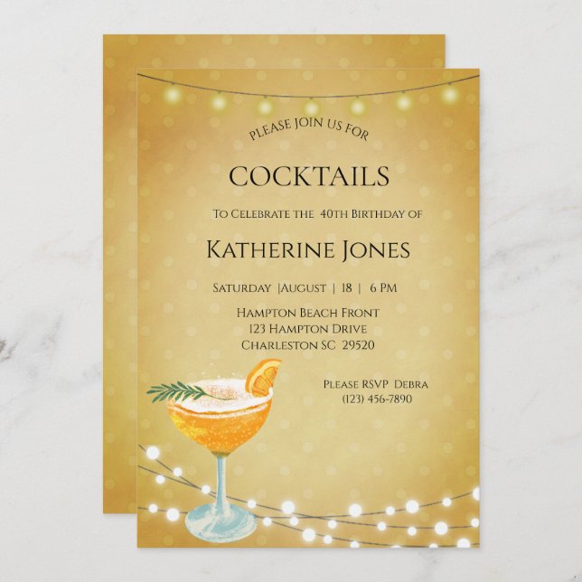 Convite Women's Gold 40th Birthday Cocktail Party  (Frente/Verso)