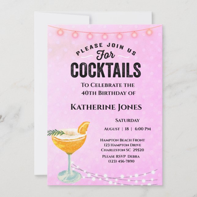 Convite Women's Purple 40th Birthday Cocktail Party  (Frente)