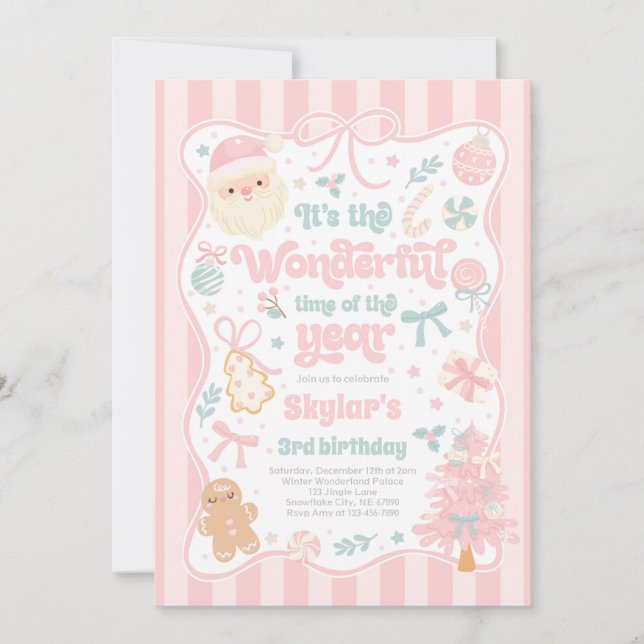 Convite Wonderful Time Of The Year Christmas Bow Birthday (Frente)