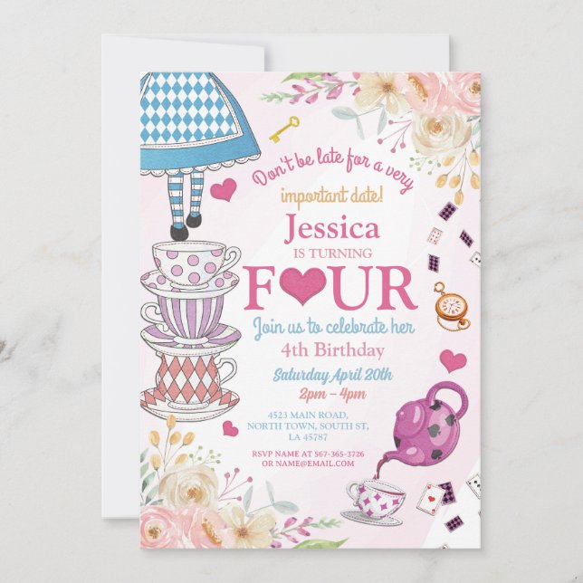 Convite Wonderland Birthday 4ª Festa de Chá Quatro Meninas (Frente)