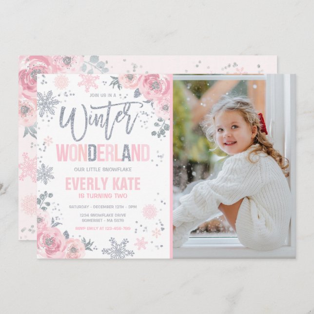 Convite Wonderland Birthday Silver Pink Snowflake (Frente/Verso)