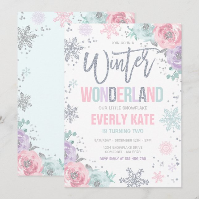 Convite Wonderland Birthday Silver Pink Snowflake (Frente/Verso)
