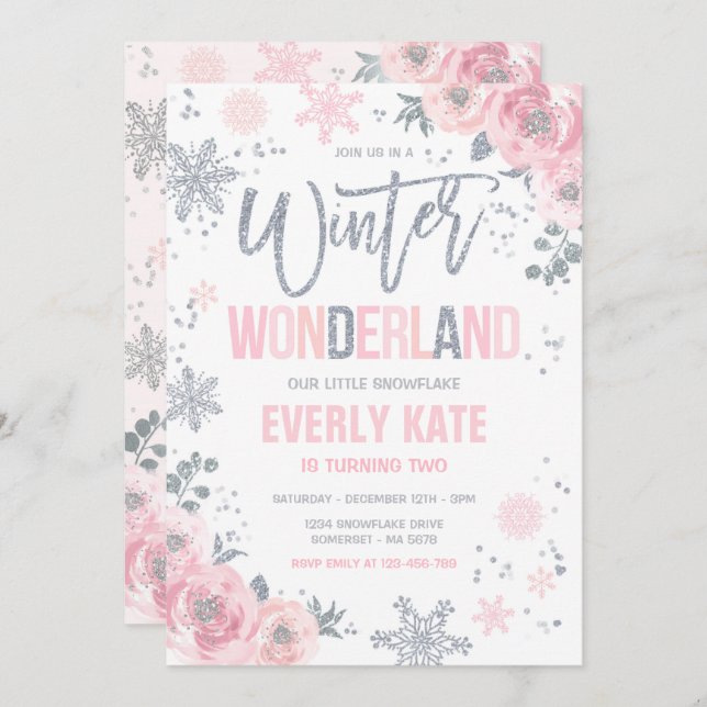 Convite Wonderland Birthday Silver Pink Snowflake (Frente/Verso)