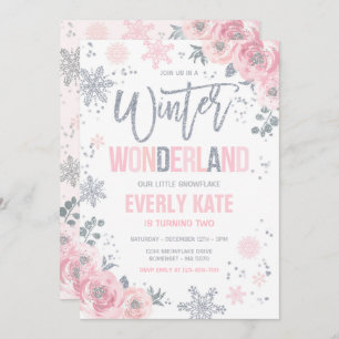 Convite Wonderland Birthday Silver Pink Snowflake