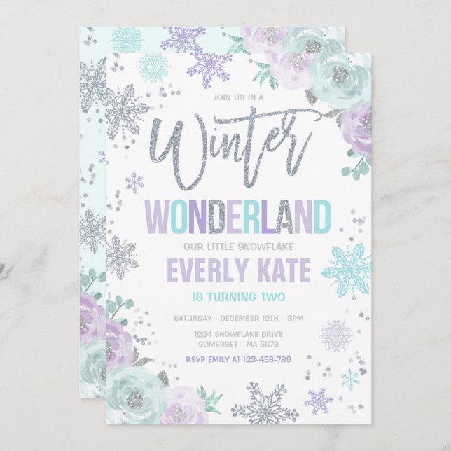 Convite Wonderland Birthday Silver Purple Snowflake (Frente/Verso)