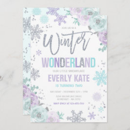 Convite Wonderland Birthday Silver Purple Snowflake