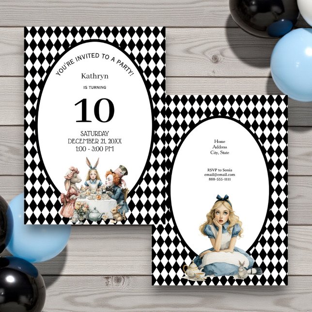 Convite Wonderland Black White Vintage Birthday Party (Criador carregado)