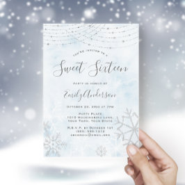 Convite Wonderland Blue Silver Snowflake Sweet 16