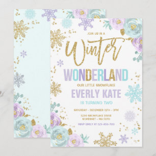 Convite Wonderland de inverno Floco de neve Dourado Roxo B