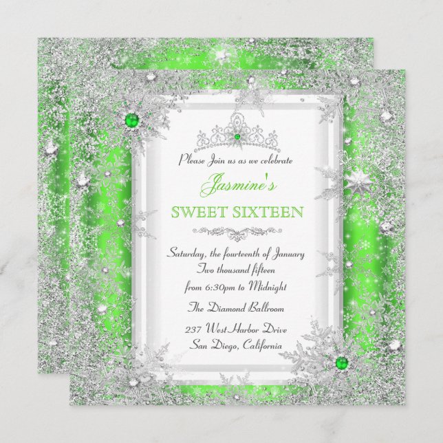 Convite Wonderland Green Silver Winter Sweet 16 Snowflake (Frente/Verso)