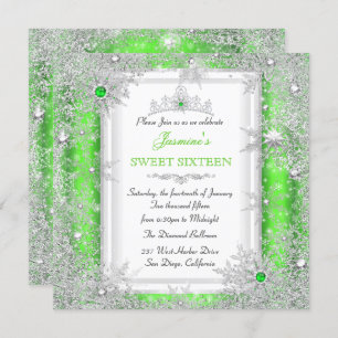 Convite Wonderland Green Silver Winter Sweet 16 Snowflake