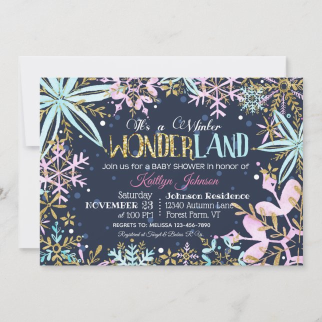 Convite Wonderland Inverno Flocos de Neve Chá de fraldas (Frente)