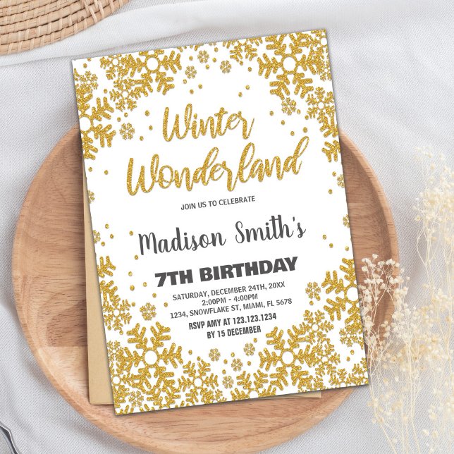 Convite Wonderland Invoca Dourada Glitter (Winter Wonderland Invitations Gold Glitter)