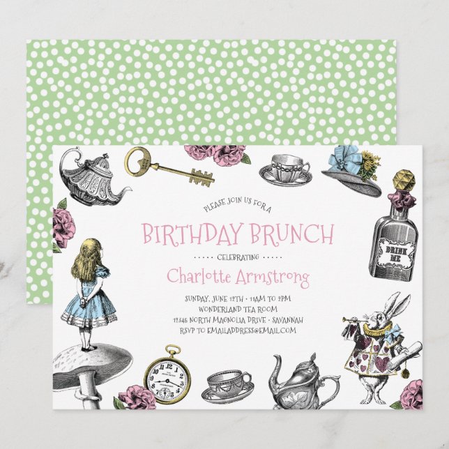 Convite Wonderland Pink e Green Birthday Brunch (Frente/Verso)