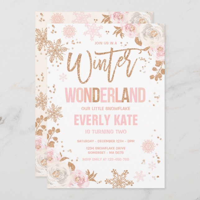 Convite Wonderland Winter Birthday Rosa Dourado E Rosa (Frente/Verso)