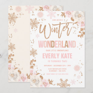 Convite Wonderland Winter Birthday Rosa Dourado E Rosa