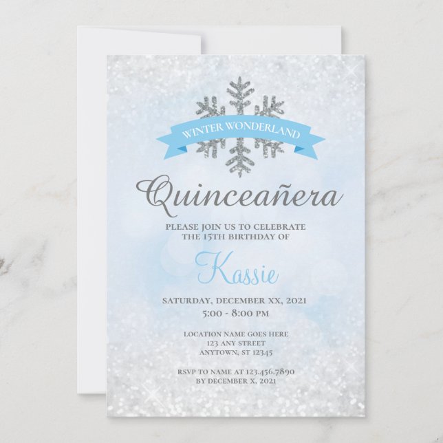 Convite Wonderland Winter Quinceañera 15 Birthday Silver (Frente)