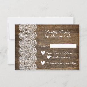 Convite Wood and Lace RSVP para um casamento rústico
