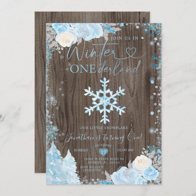 Convite Wood Blue Winter Onederland Snowflake Birthday (Frente/Verso)
