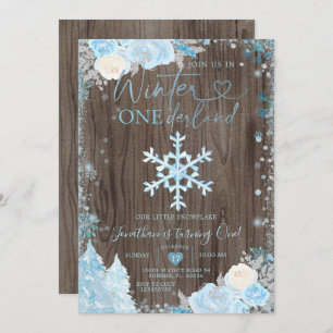 Convite Wood Blue Winter Onederland Snowflake Birthday