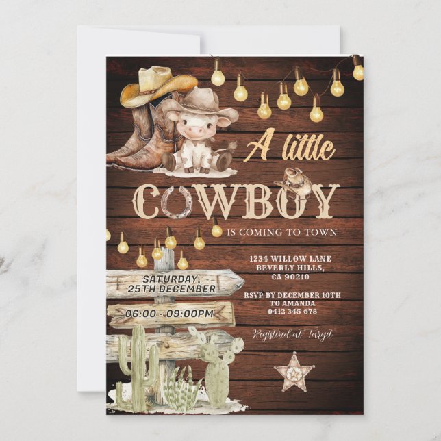 Convite Wood Cowboy Boots & Cactus Baby Shower (Frente)