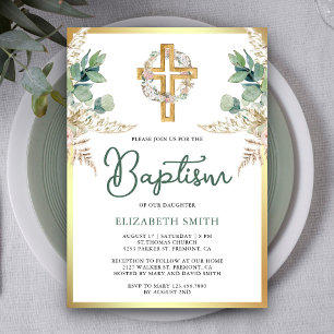 Convite Wood Cross Boho Pampas Eucalyptus Dourado Baptism