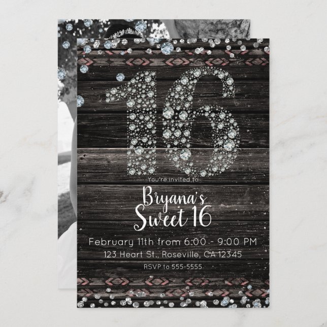 Convite Wood Diamond Bling 16 Foto de Festa de aniversário (Frente/Verso)