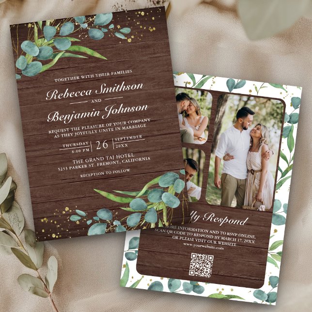 Convite Wood Eucalyptus Photo Collage QR Code Wedding (Criador carregado)