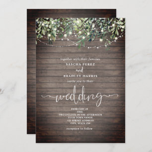 Convite Wood Plank Greenery String Luzes Casamento