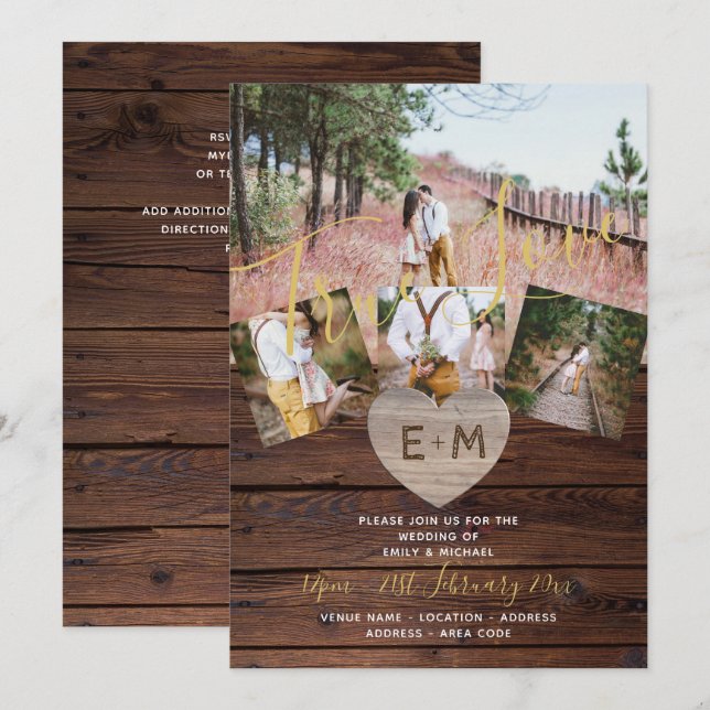 Convite Wood Rustic Engravated Heart PHOTO COLLAGE WEDDING (Frente/Verso)