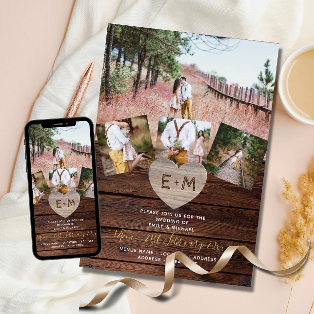 Convite Wood Rustic Engravated Heart PHOTO COLLAGE WEDDING (Criador carregado)