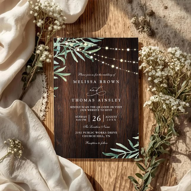 Convite Wood Rustic String Light Country QR Code Wedding (Criador carregado)