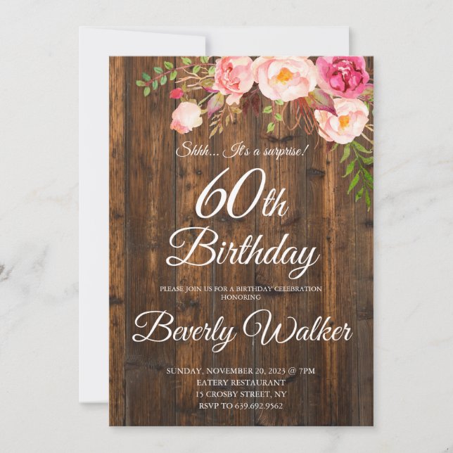 Convite Wood Surprise 60th Birthday Rustic Floral (Frente)