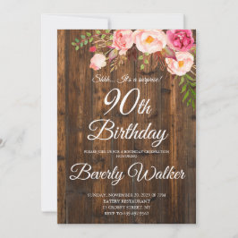 Convite Wood Surprise 90 Birthday Rustic Floral