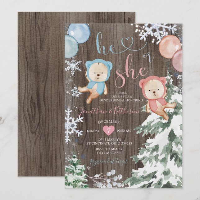 Convite Wood Winter Bear Gender Revelar Flocos de Neve (Frente/Verso)