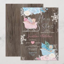 Convite Wood Winter Bear Gender Revelar Flocos de Neve