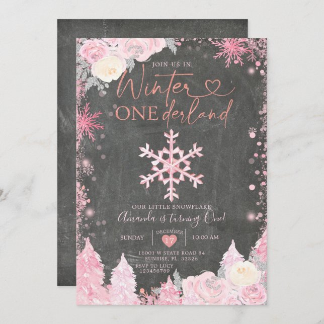 Convite Wood Winter Onederland Pink Snowflake Birthday (Frente/Verso)