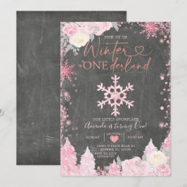 Convite Wood Winter Onederland Pink Snowflake Birthday