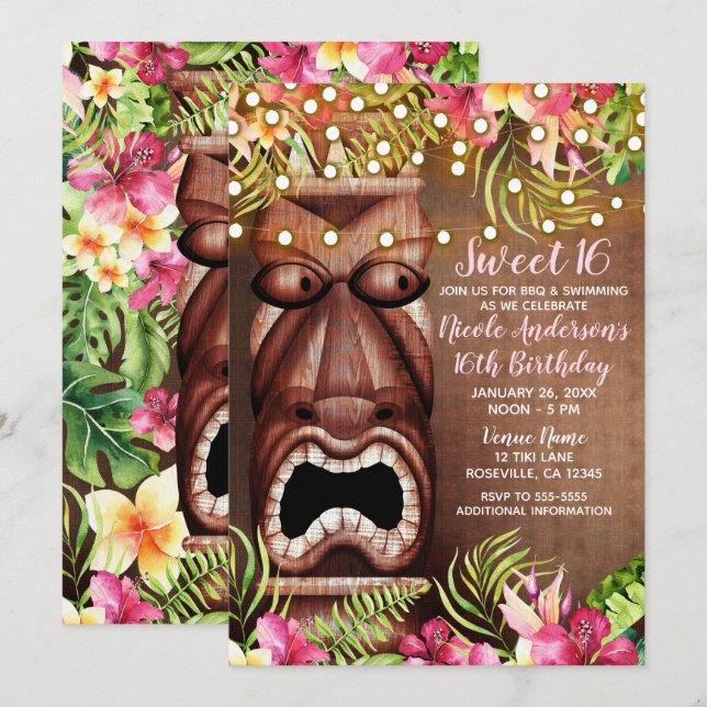 Convite Wooden Hawaiian Tiki Luau Summer Sweet 16 Party (Frente/Verso)