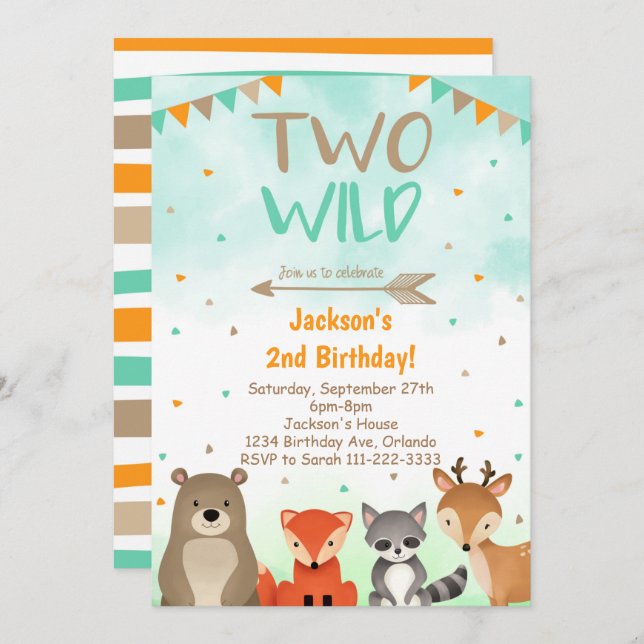 Convite Woodland 2nd Birthday Invitation, Two Wild Invite (Frente/Verso)