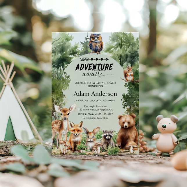 Convite Woodland Adventure Awaits Baby Shower  (Criador carregado)