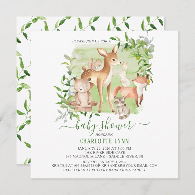 Convite Woodland Amigos Gênero Chá de fraldas Neutro (Frente/Verso)