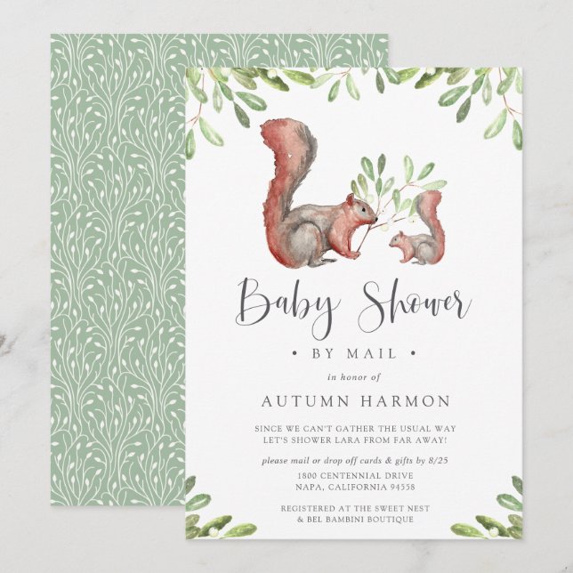 Convite Woodland Amigos Red Squirrel Chá de fraldas por Em (Frente/Verso)